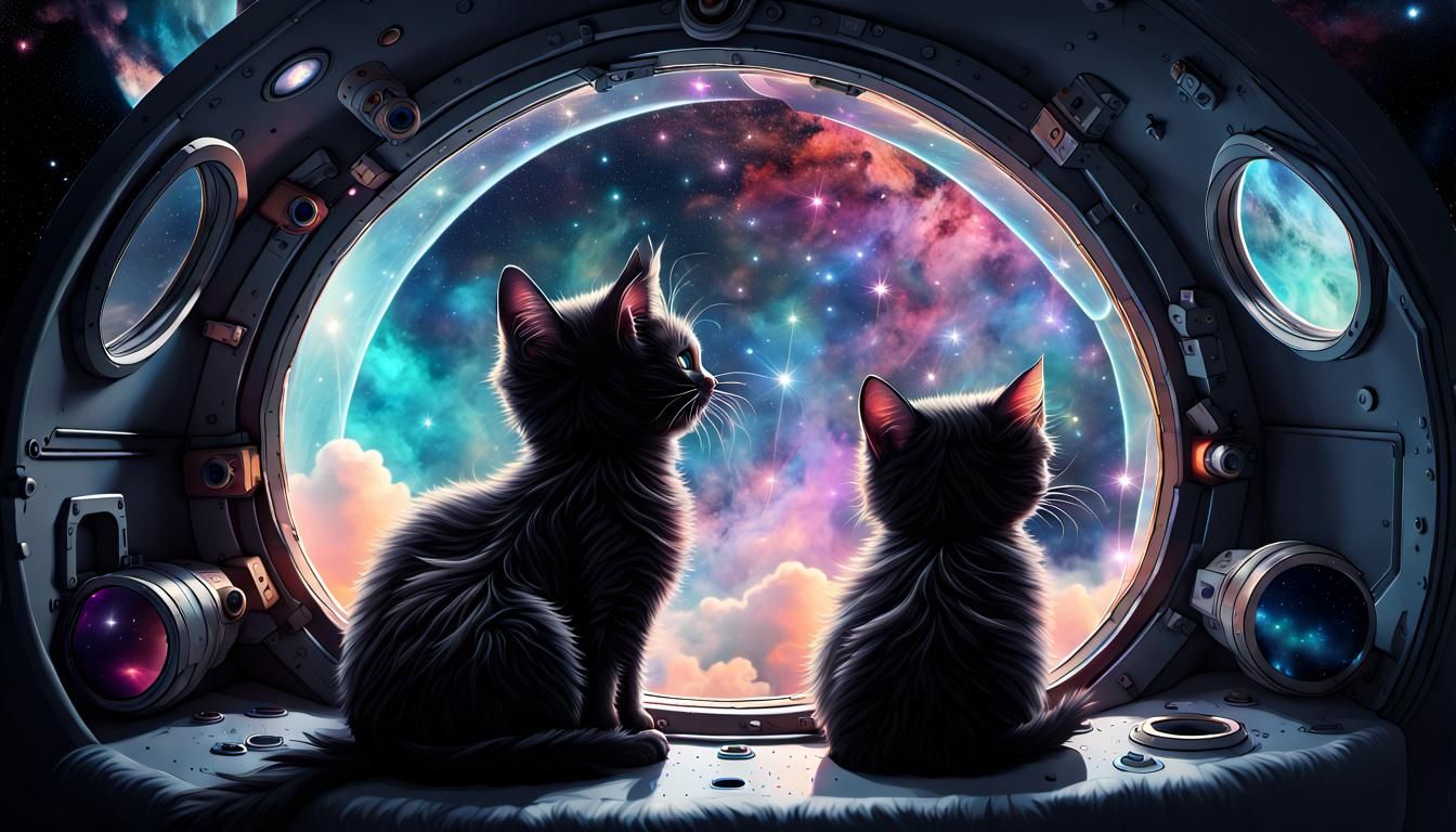 Kittens in Rocket Staring at Stars: Digital Art