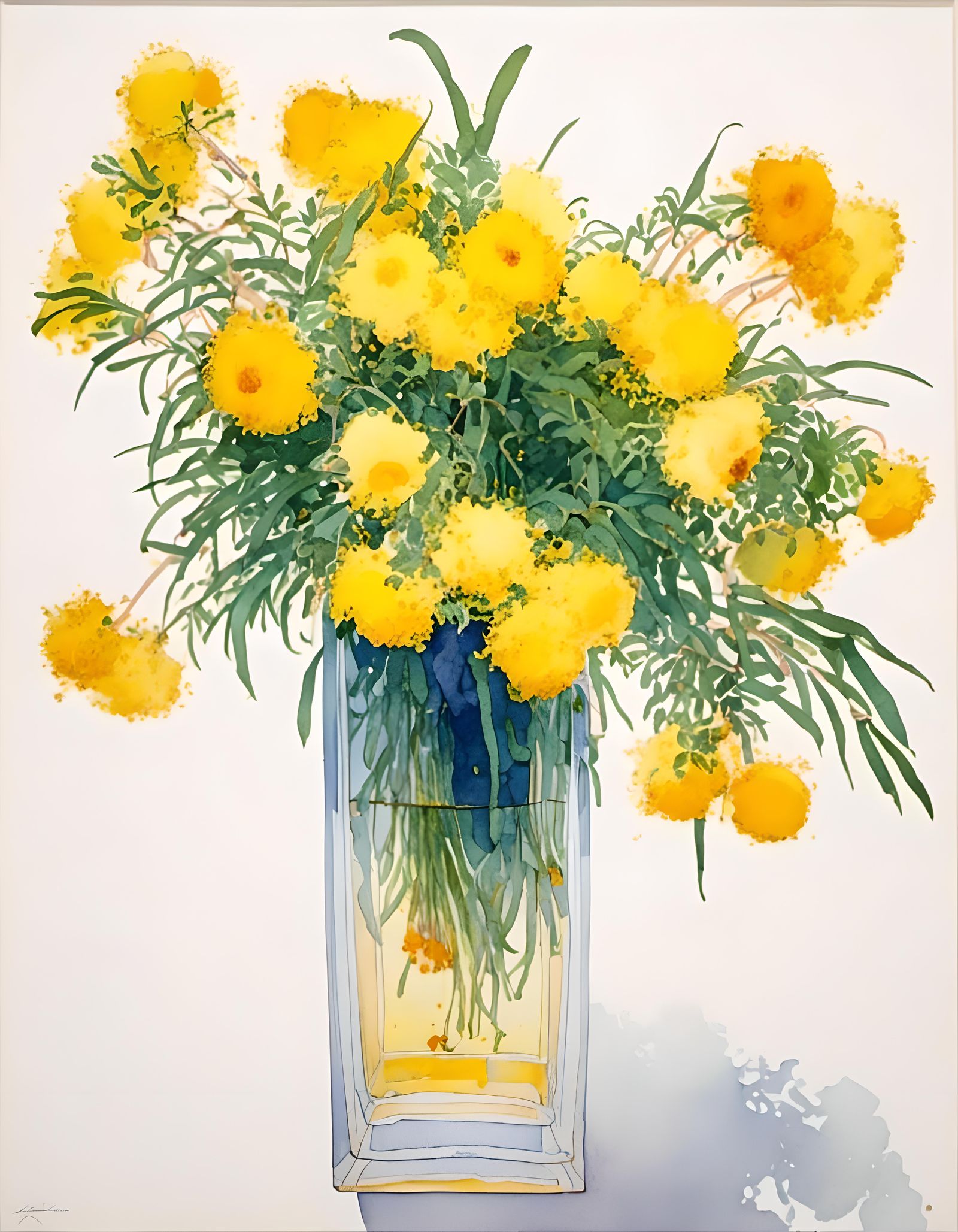 Vase of Mimosas in Watercolor Style