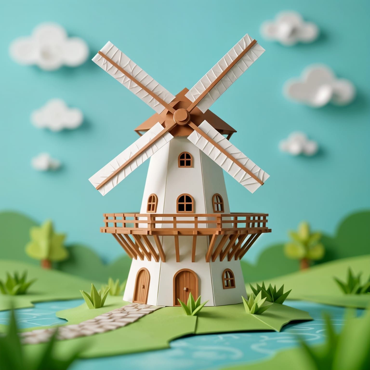 Intricate Kirigami Windmill Scene