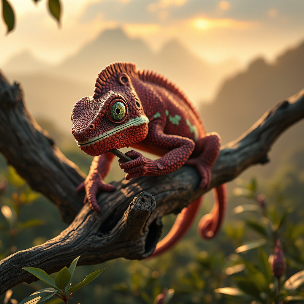 This young chameleon has mottled dark red scales and green eyes. He is above average size and somewhat intelligent. He l...