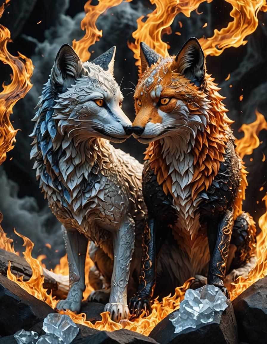 Dual Fire and Ice Fox in Hyperrealism