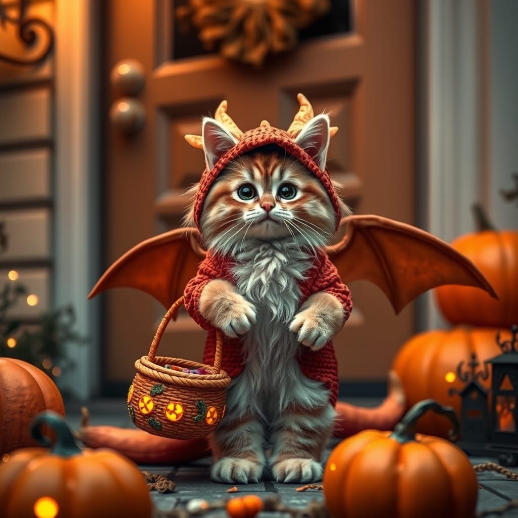 Cat in Dragon Costume Trick-or-Treating
