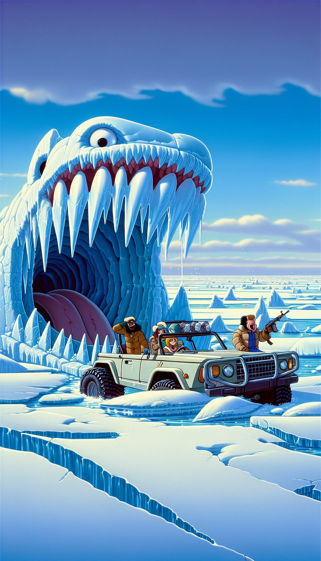 Comical Winter Lake Scene in Vintage Animation Style