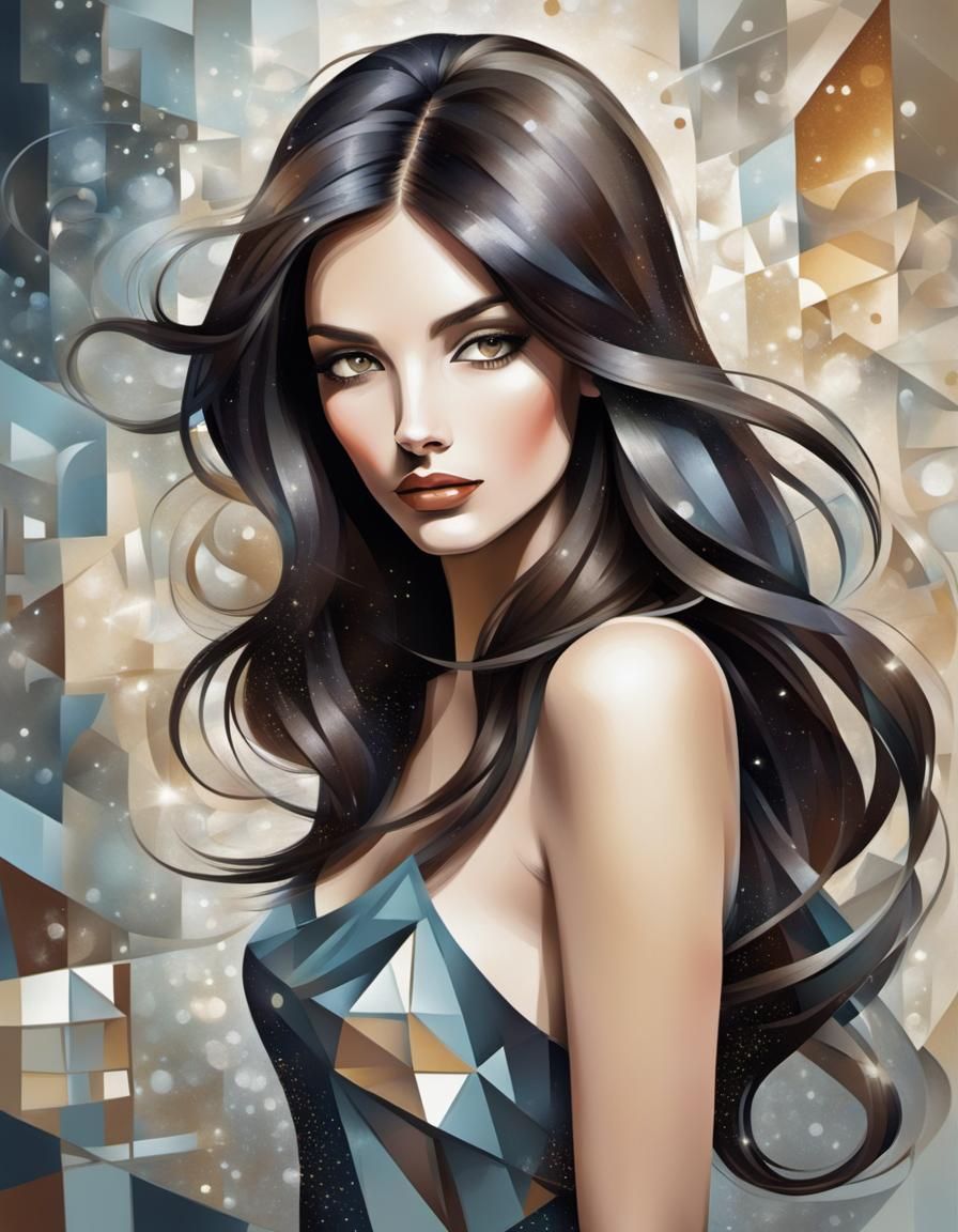 Cubist Woman with Flowing Hair and Sparkles
