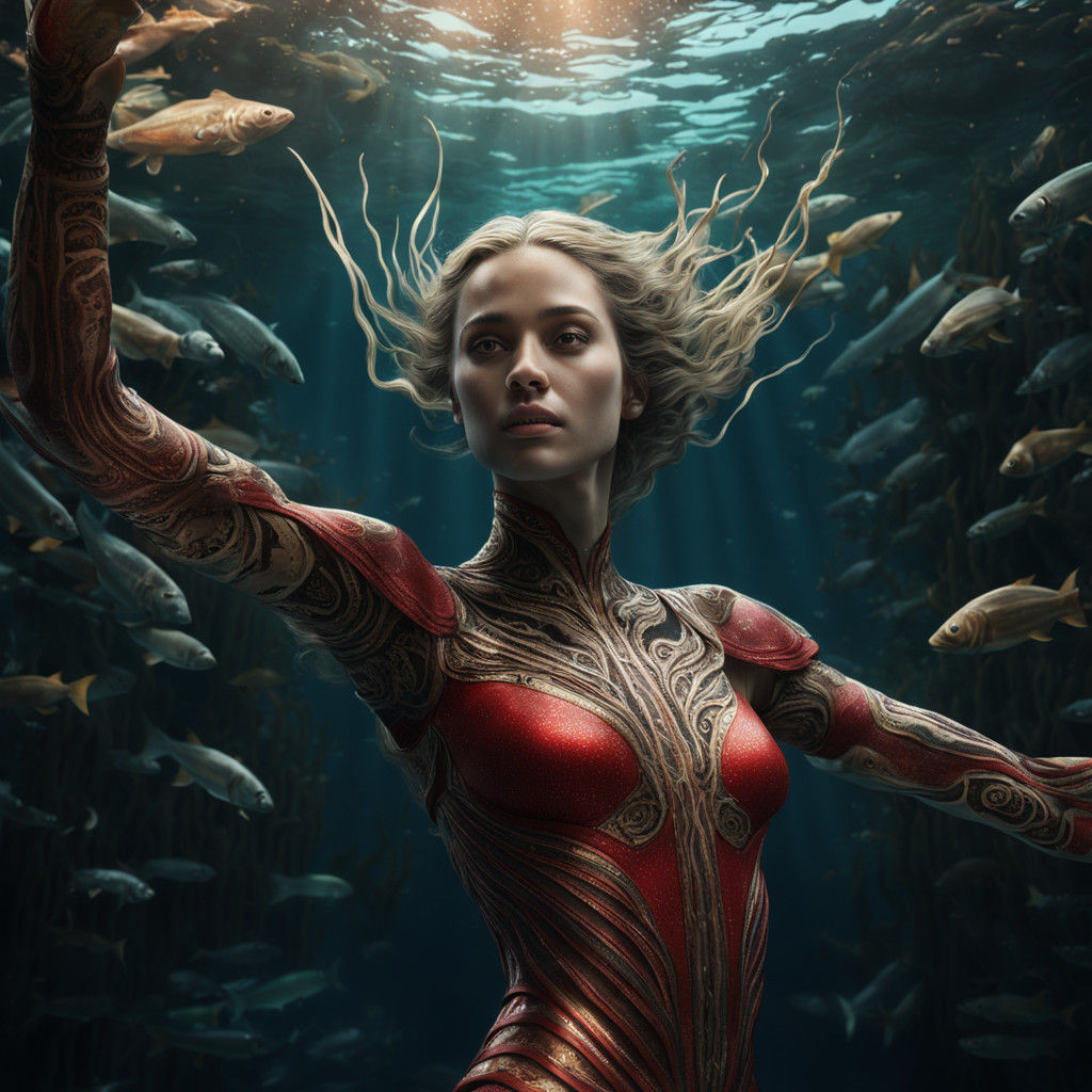 Hyperrealistic Digital Art of Woman Swimming in Underwater R...