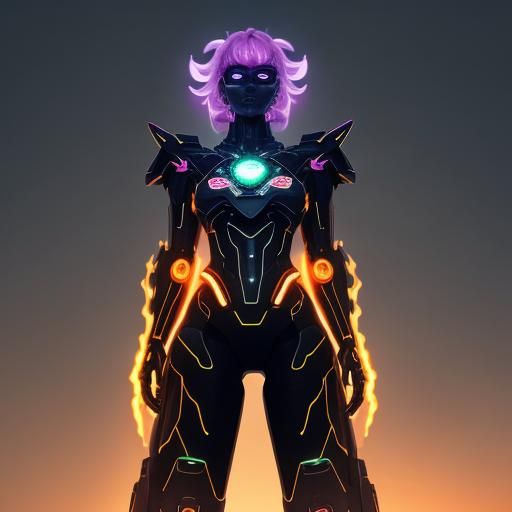 Colossal Mech in Dystopian Metropolis, Cubist Neon Style