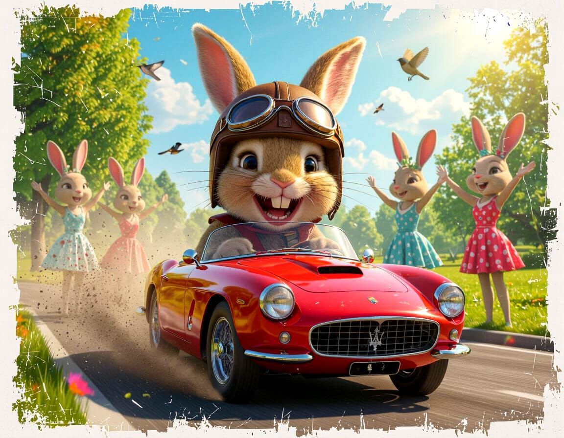 Racing Rabbit in Red Maserati: 3D Digital Art