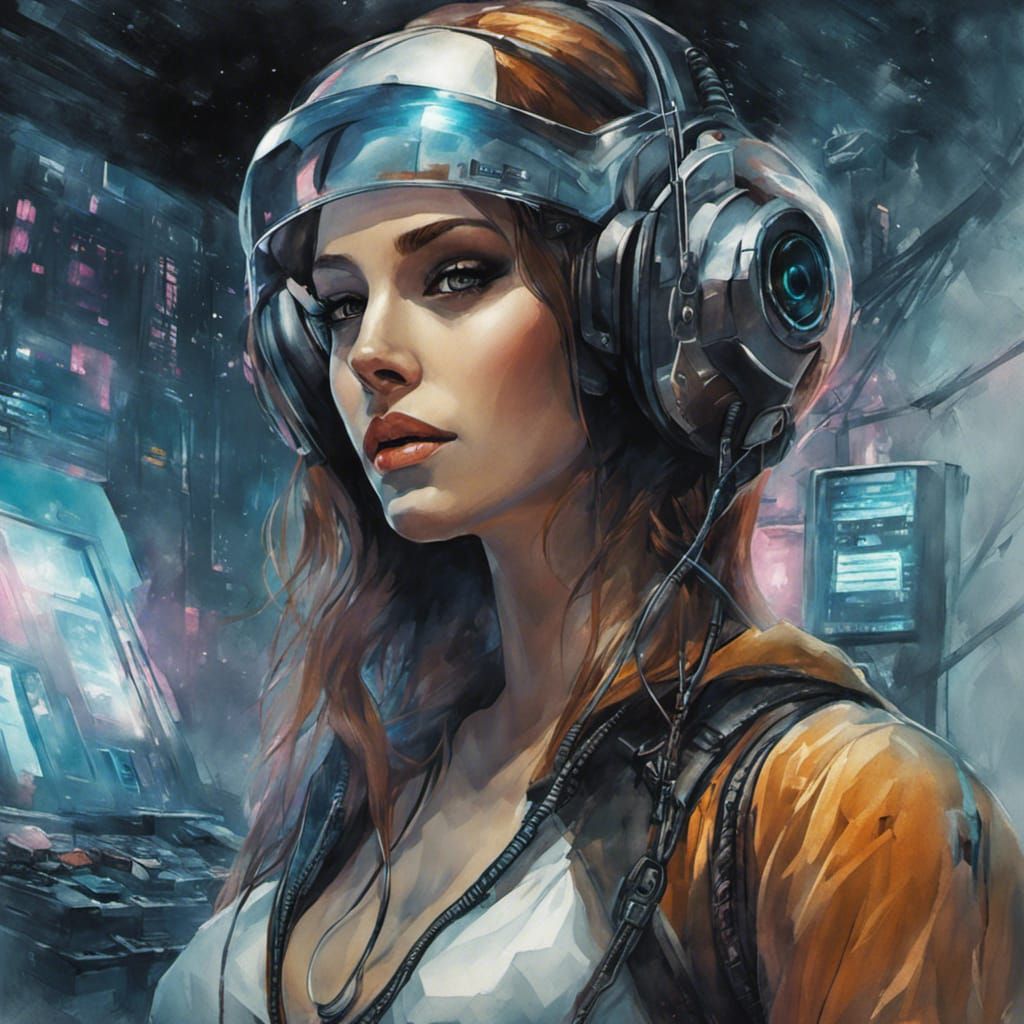 Futuristic Gamer Girl Portrait in Watercolor Style