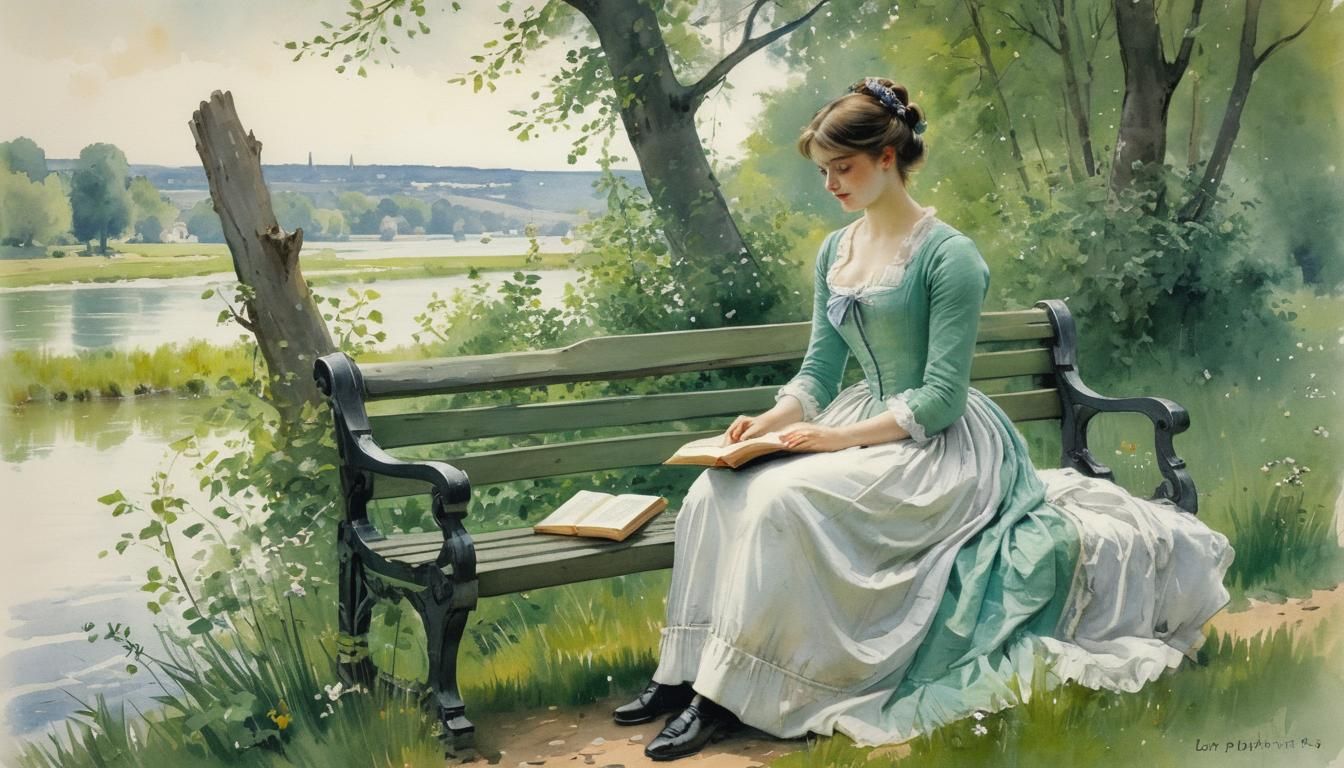 Dreamlike Lady Reading by River in Impressionist Style