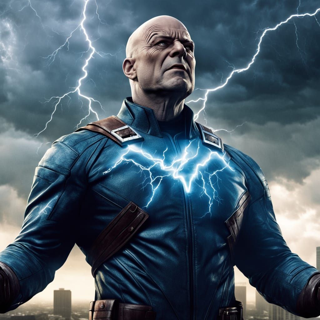 A supervillain, evil, capable of creating endless storms with his mind in tiny cities, horrible, bald, with a weather fa...