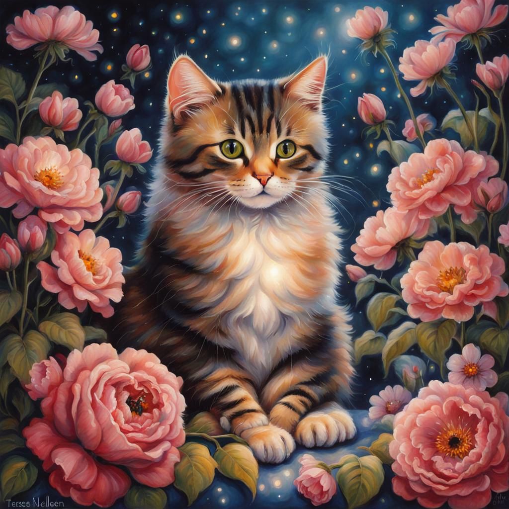 Cute Cat Surrounded by Flowers, Fantasy Art