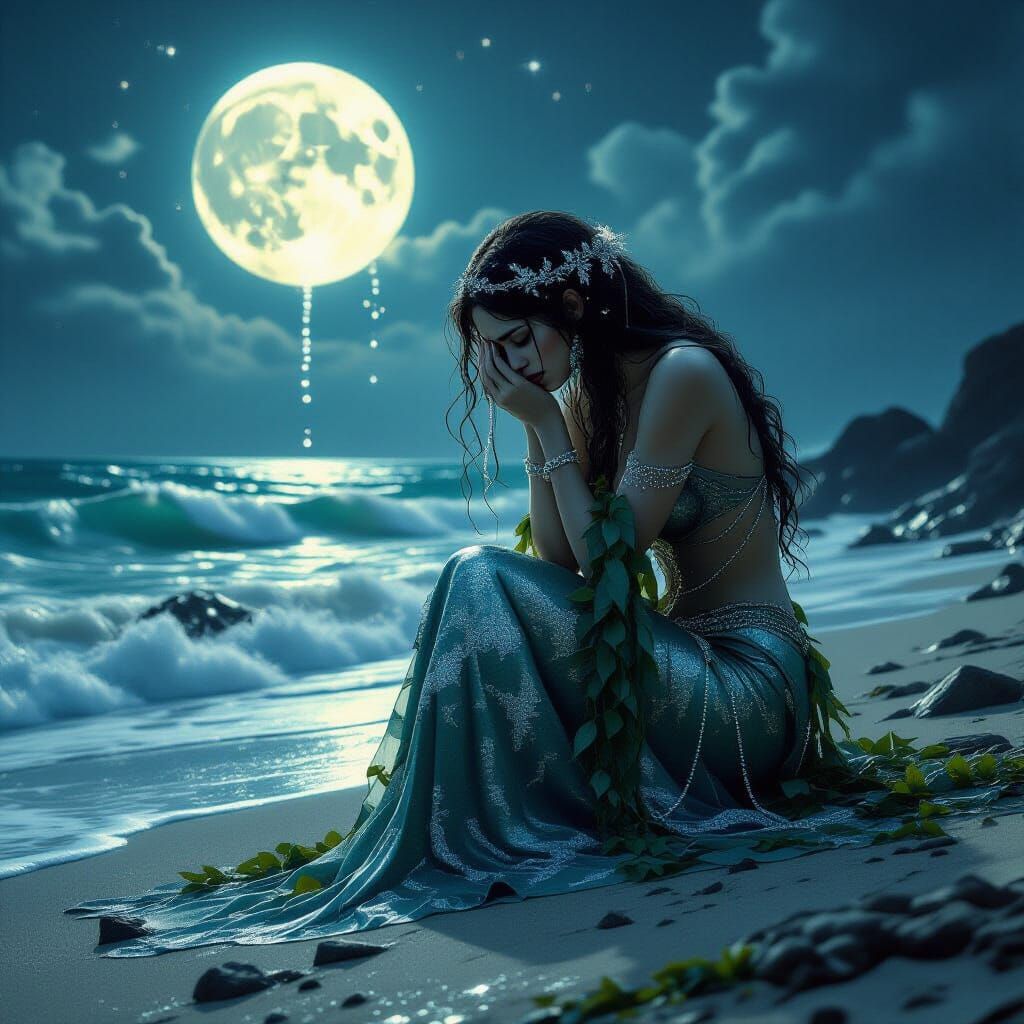 Gothic Mermaid Weeping Stardust Tears on Barren Shore