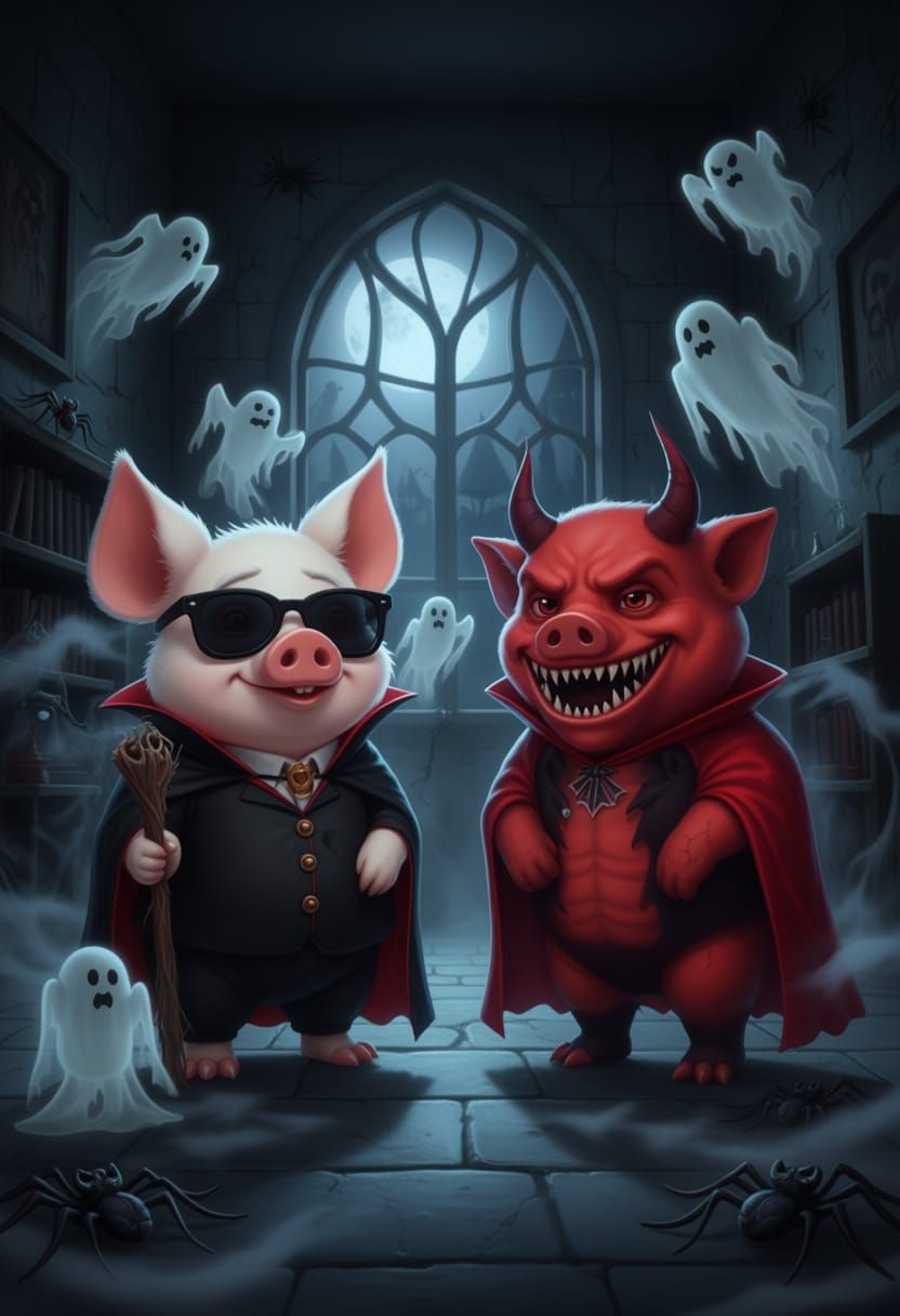 Papa Pig Vampire Devil in Haunted House