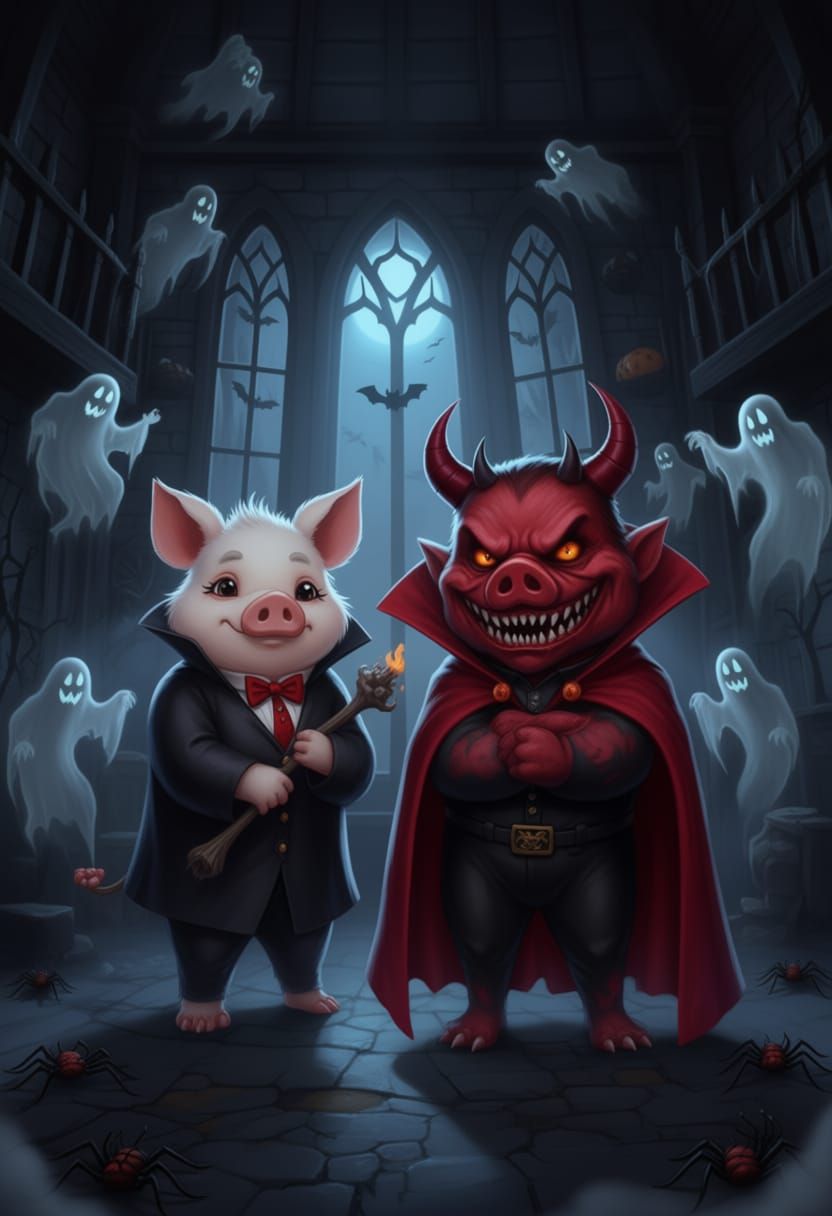 Papa Pig Vampire Devil in Haunted House