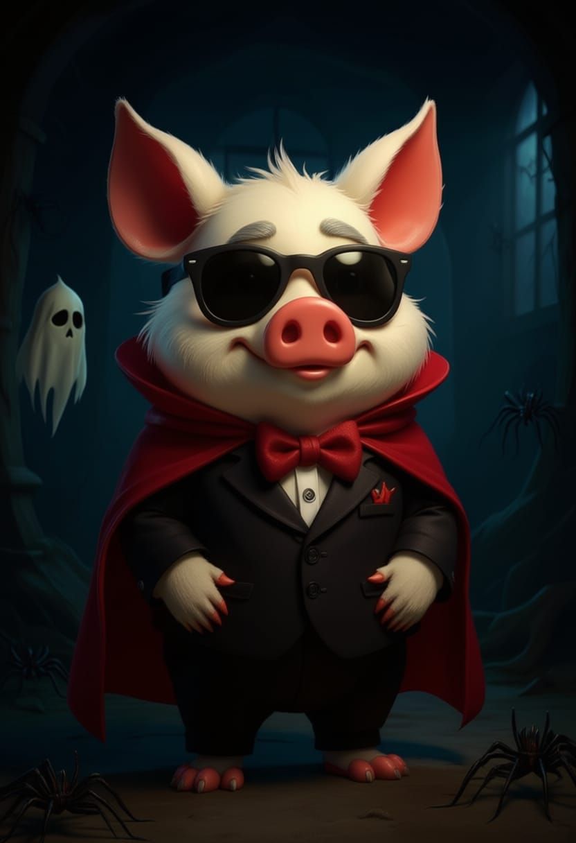 Papa Pig in Vampire Devil Costume in Haunted House