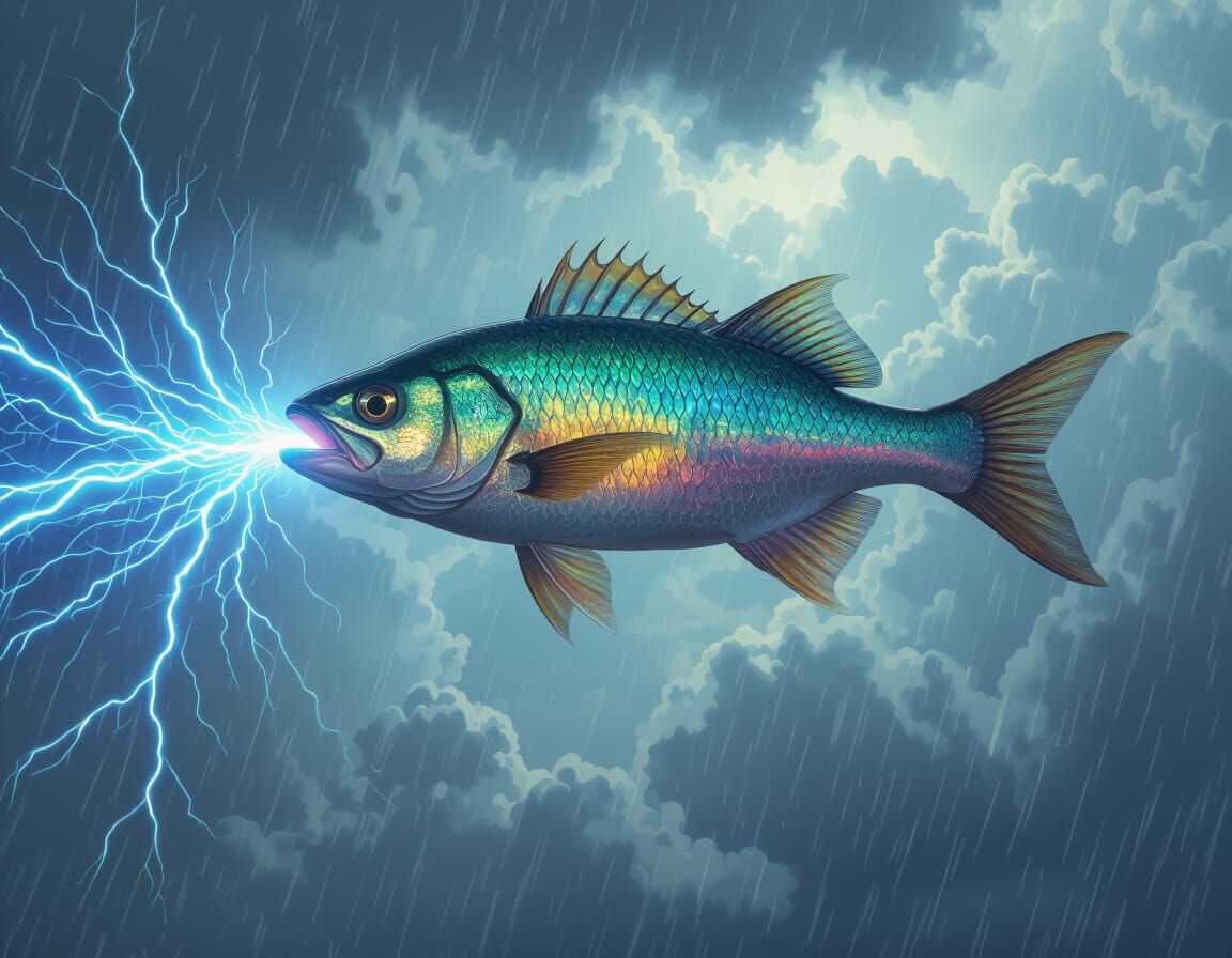 Electric Fish Emitting Rainbow Lightning in Stormy Sky