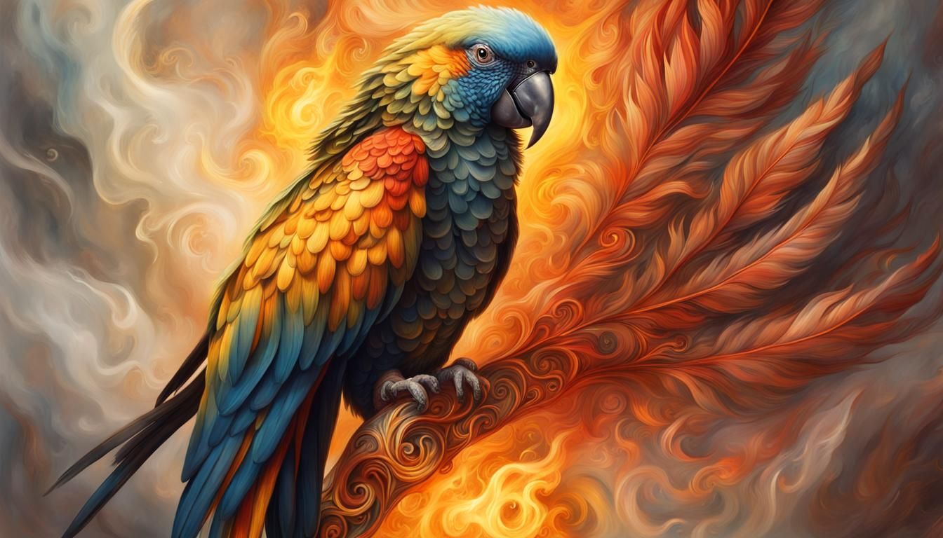 Fantasy Fire Parrot Portrait in Digital Painting Style