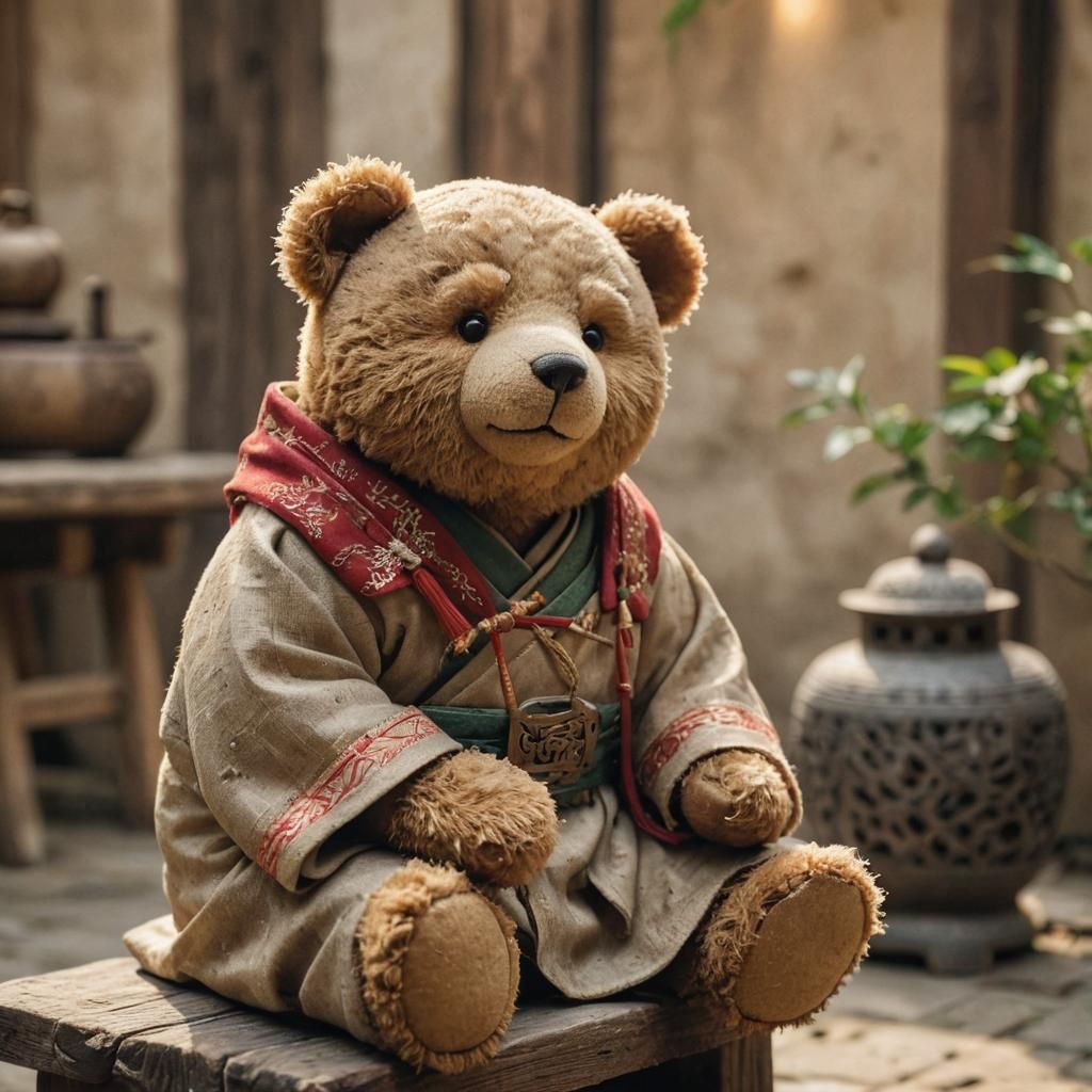 Teddy Bear in Ancient Chinese Courtyard
