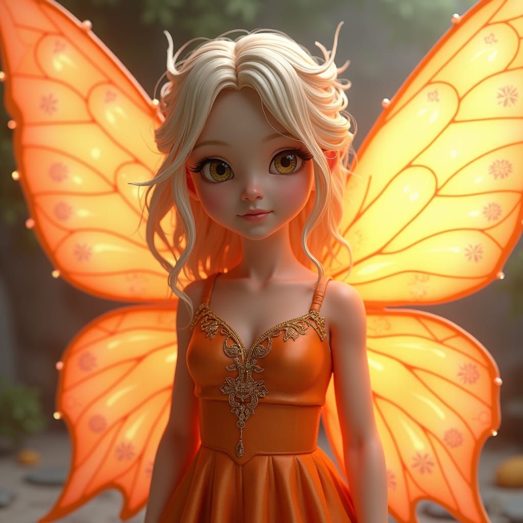 Anime Princess with Orange Fairy Wings in 3D