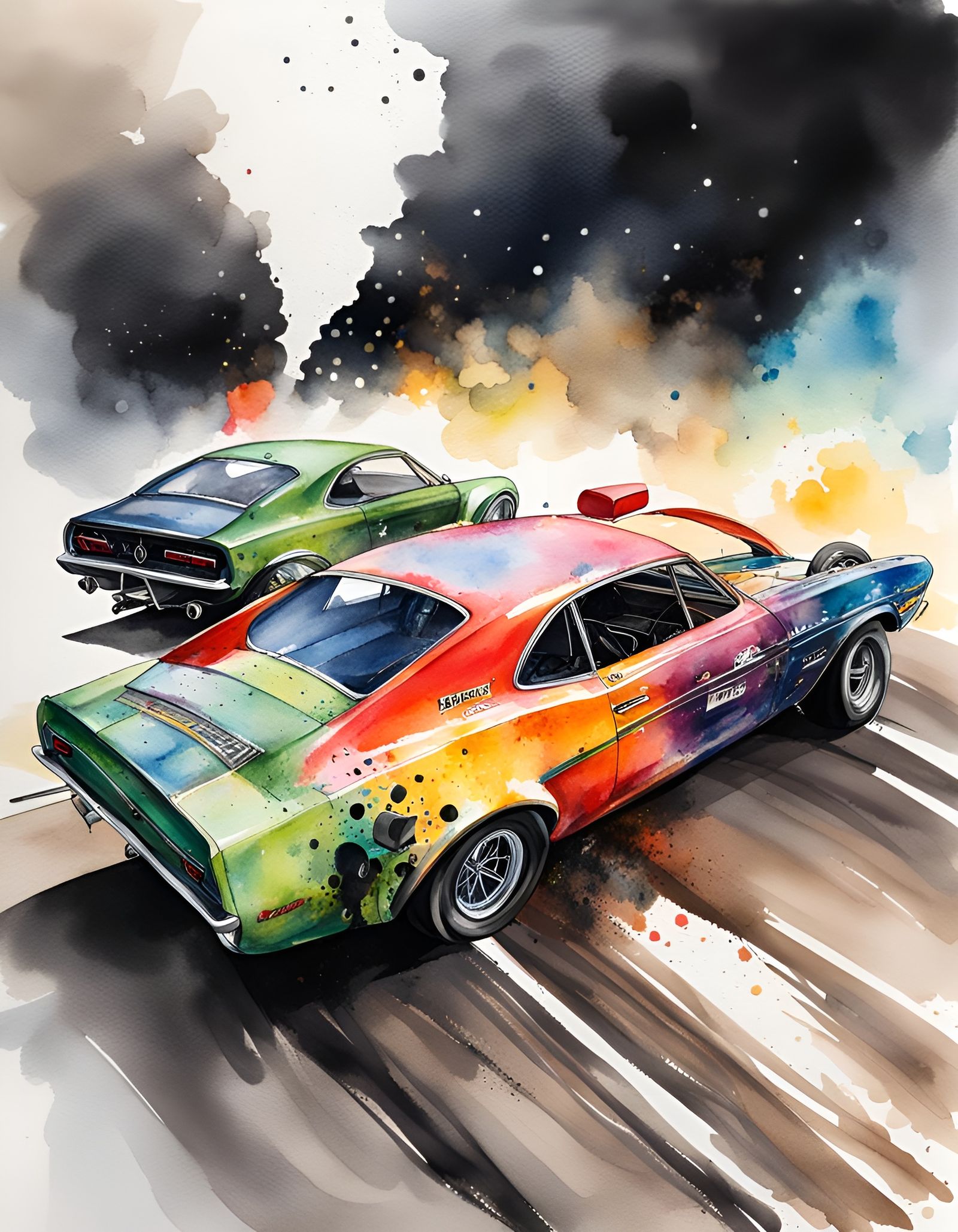 Watercolor Race Cars Speeding on Track