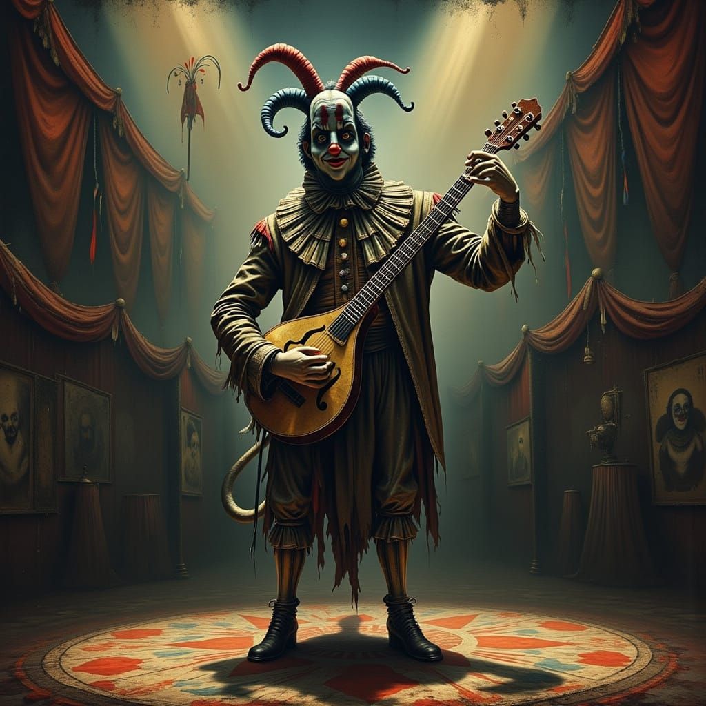 Jester Centaur Playing Chrome Lute on Stage