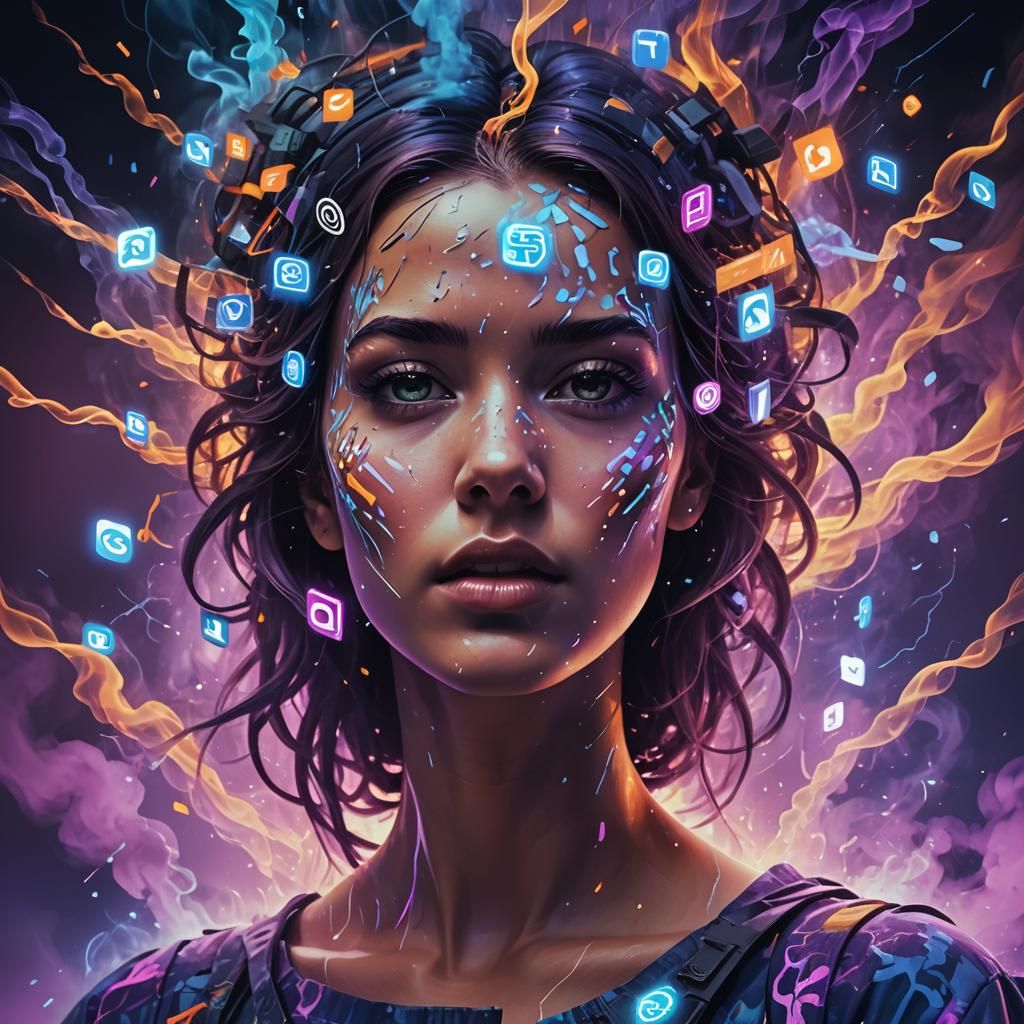 female figure's mind exploding with 3D digital art of social...