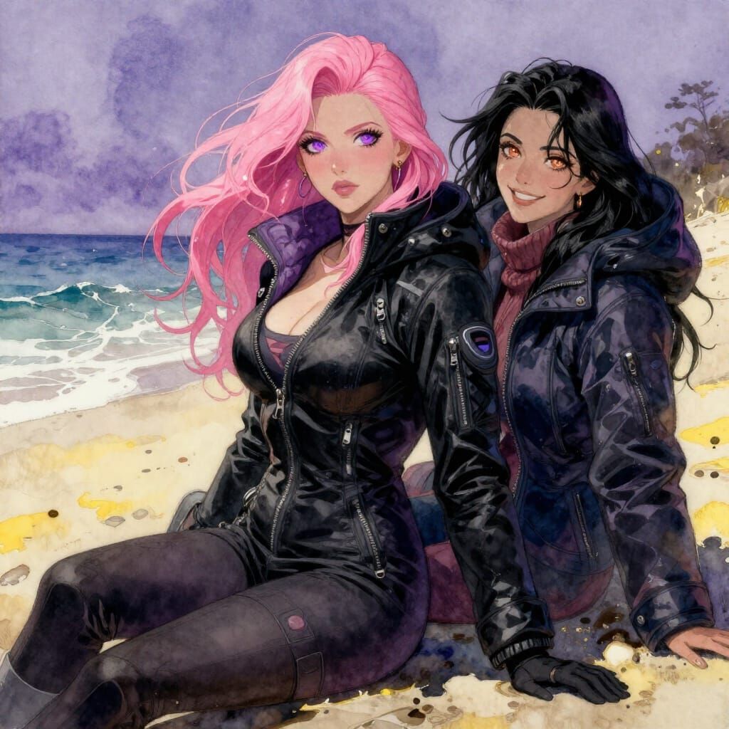 Two Women on a Beach in Winter Jackets, Watercolor Style