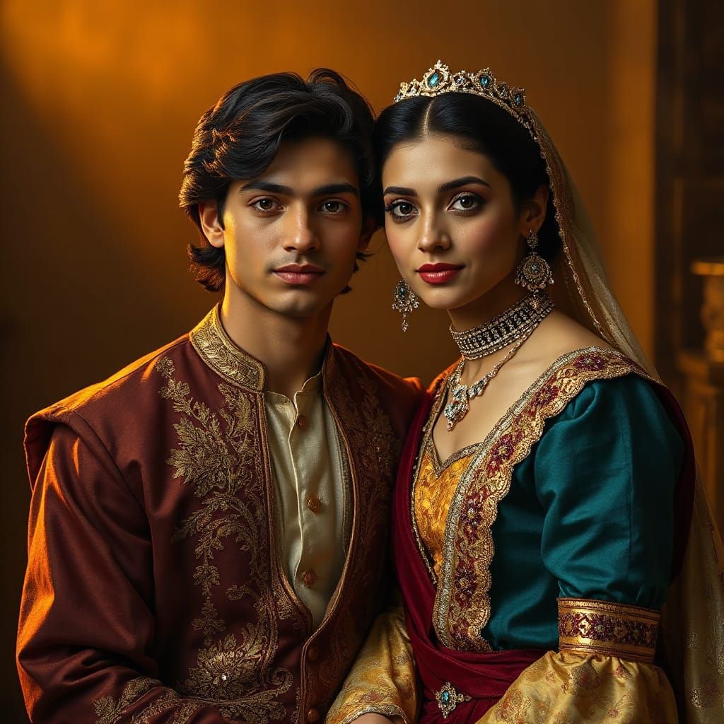 Regal Golden Portrait of Aladdin and Jasmine in Renaissance ...