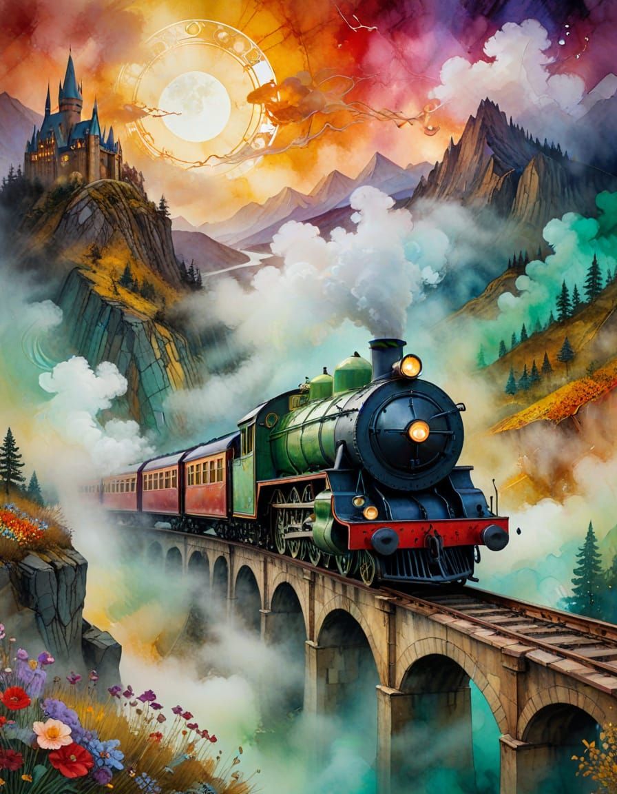Whimsical Fantasy Train Illustration in Mixed Media