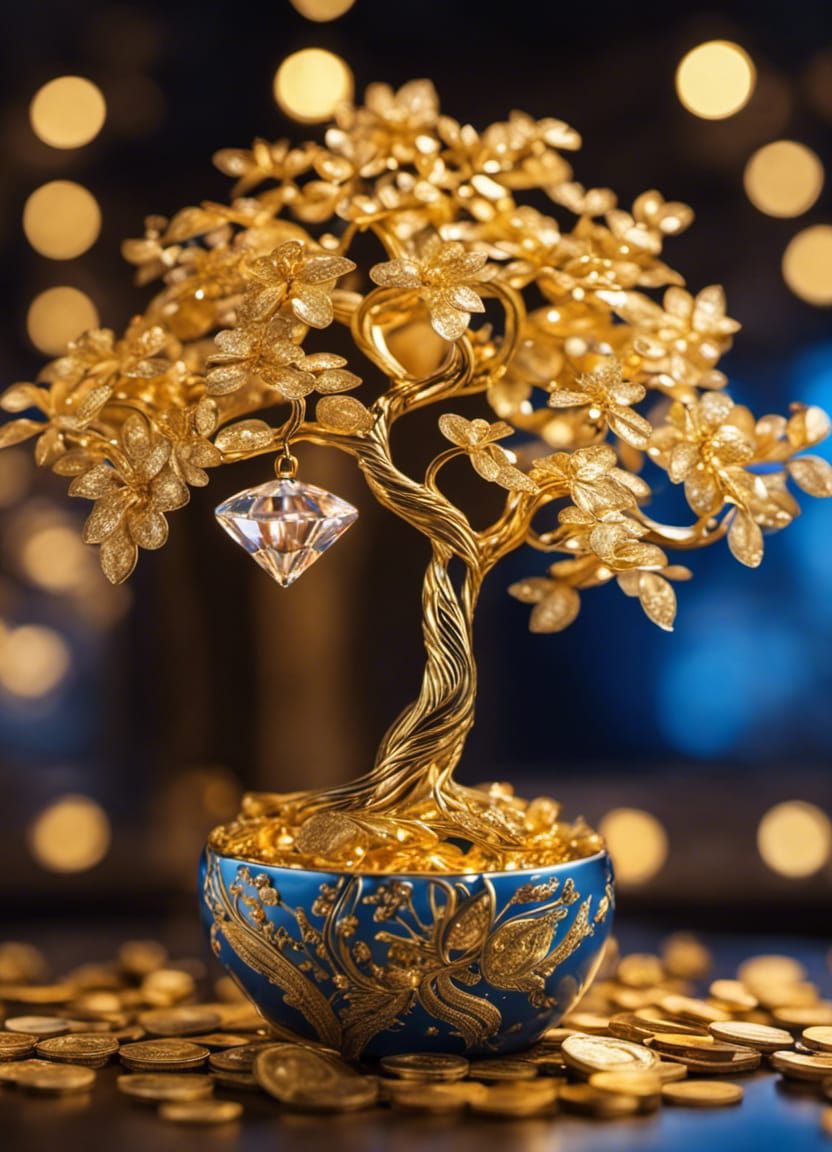 Banknote Tree with Gold and Diamonds, Macro Photography