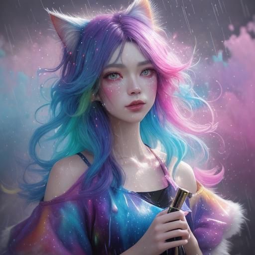 Cute Cat in Rainy Cosmos Graffiti Art