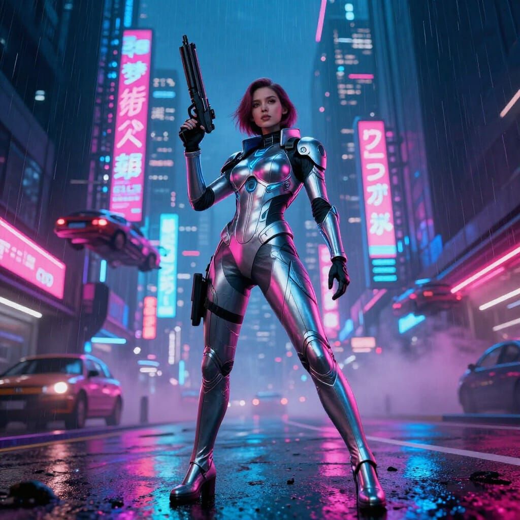 Cyberpunk Heroine with Gun in Neon City