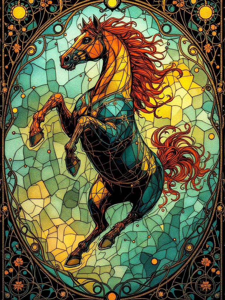 Art Nouveau Horse in Luminous Jewel-Toned Stained Glass