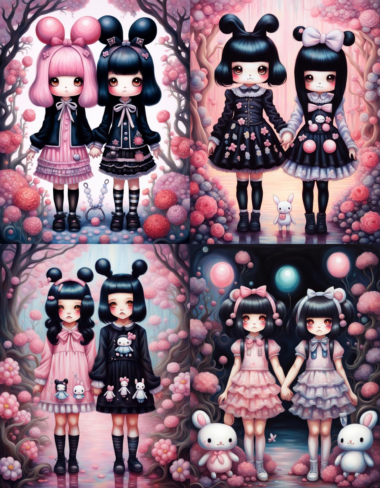 Girls in Kuromi and My Melody Costumes, Oil Painting