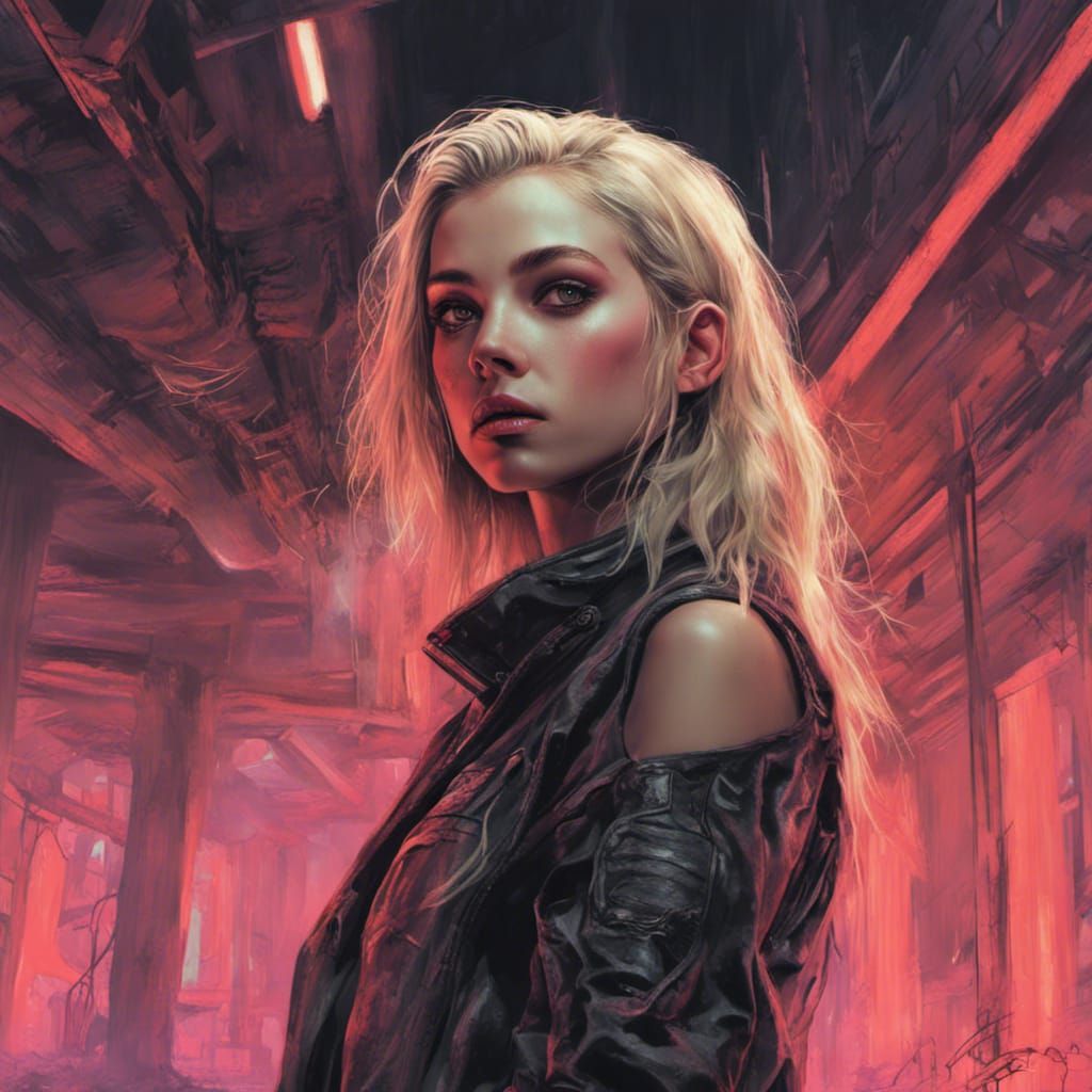 Rockstar Girl Portrait in Burton-esque Neon Horror Style