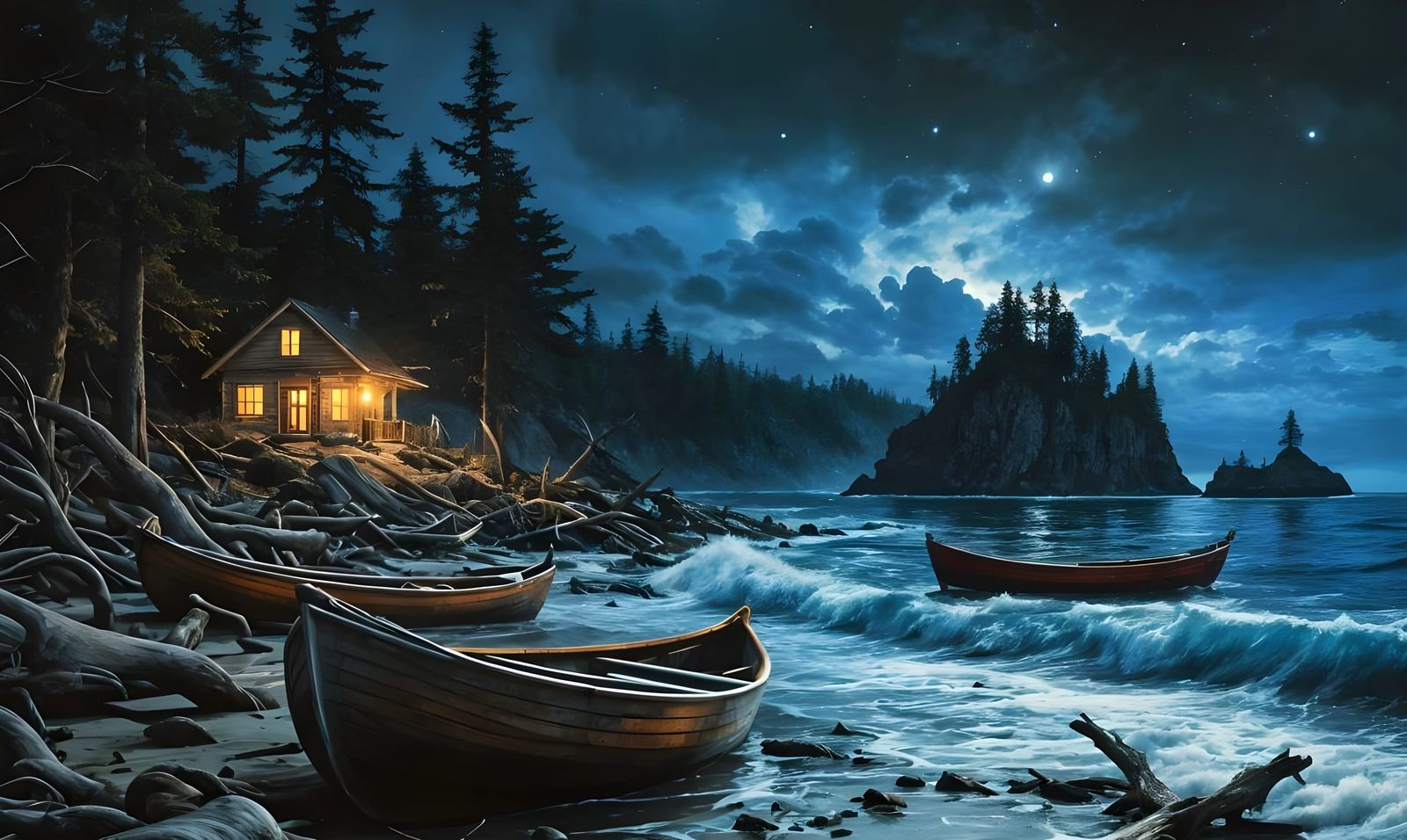 Bioluminescent Beach at Night: Oil on Canvas