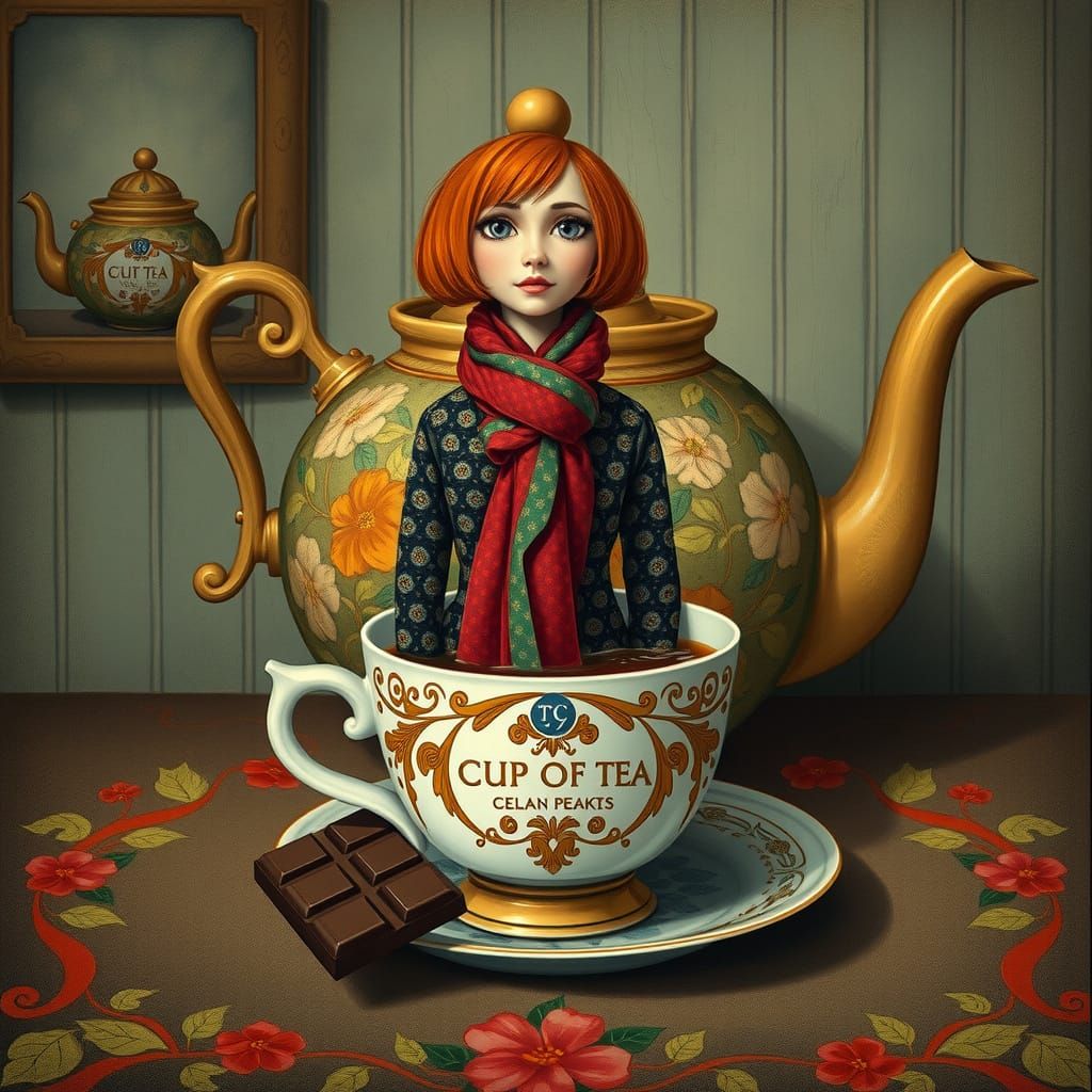 Whimsical Tea Time Scene in Art Nouveau Style