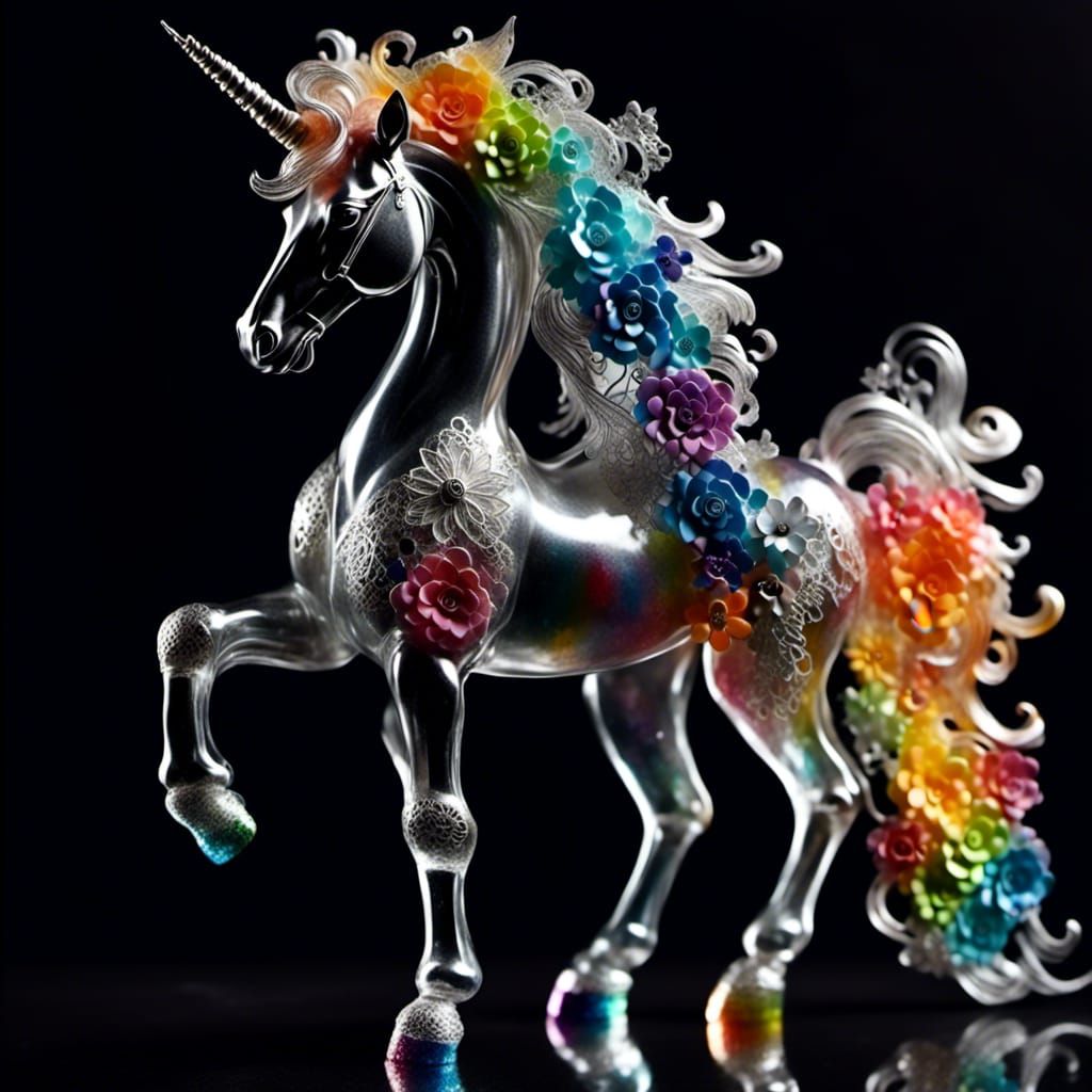 Rainbow Glass Unicorn Figurine with Lace Flowers