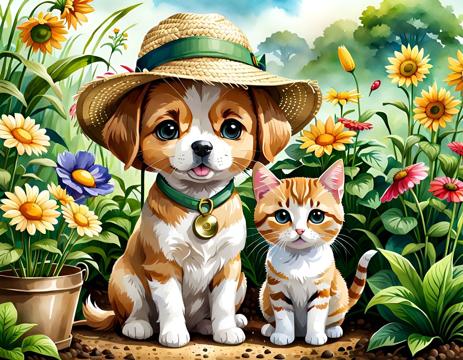 Chibi Dog and Cat Gardeners in Watercolor Style