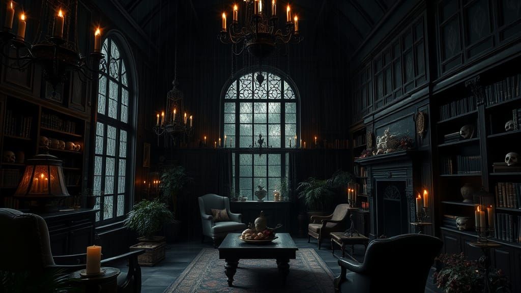 Gothic House Interior with Skulls, Roses and Chandeliers