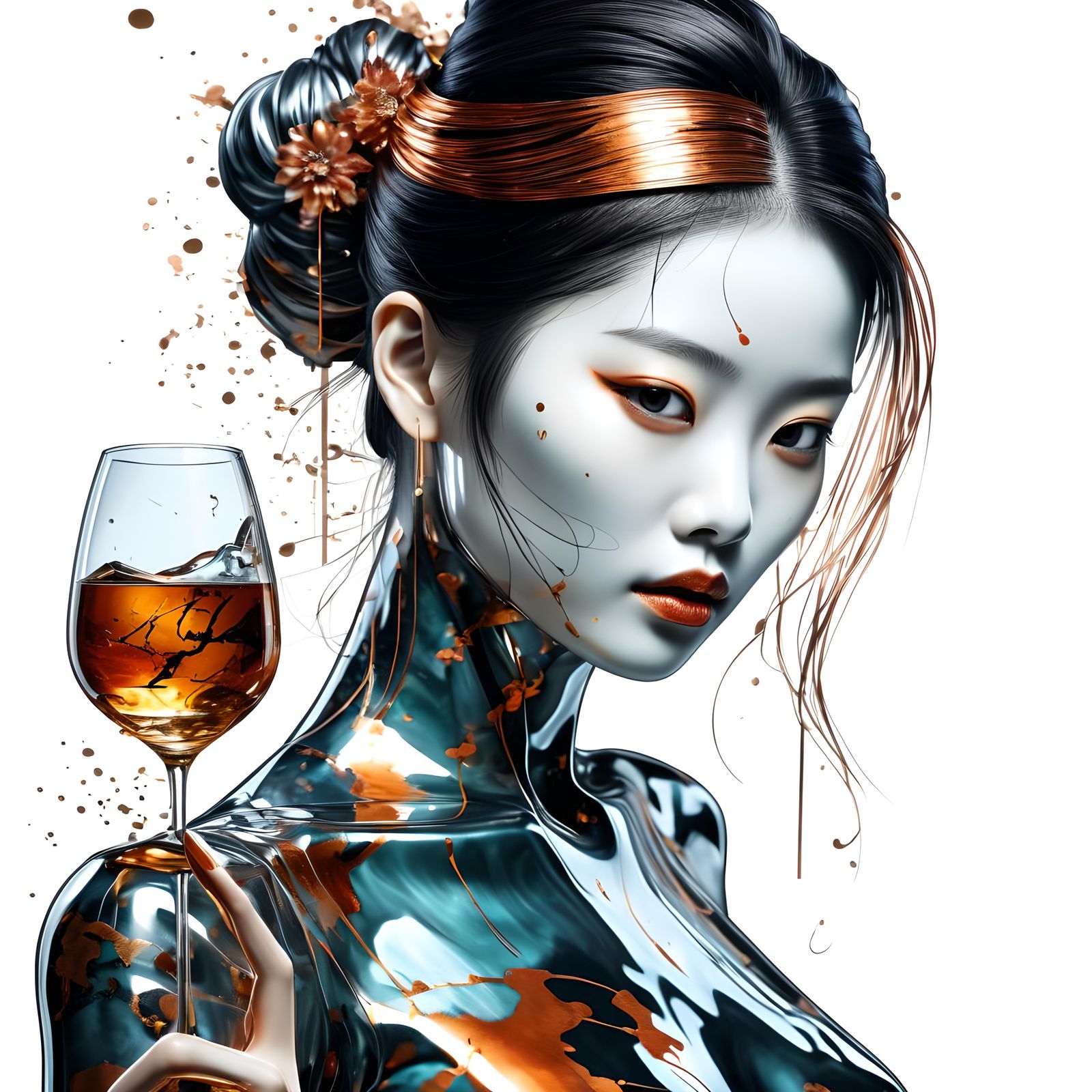 Elegant Platinum and Copper Woman in Japanese Ink Style