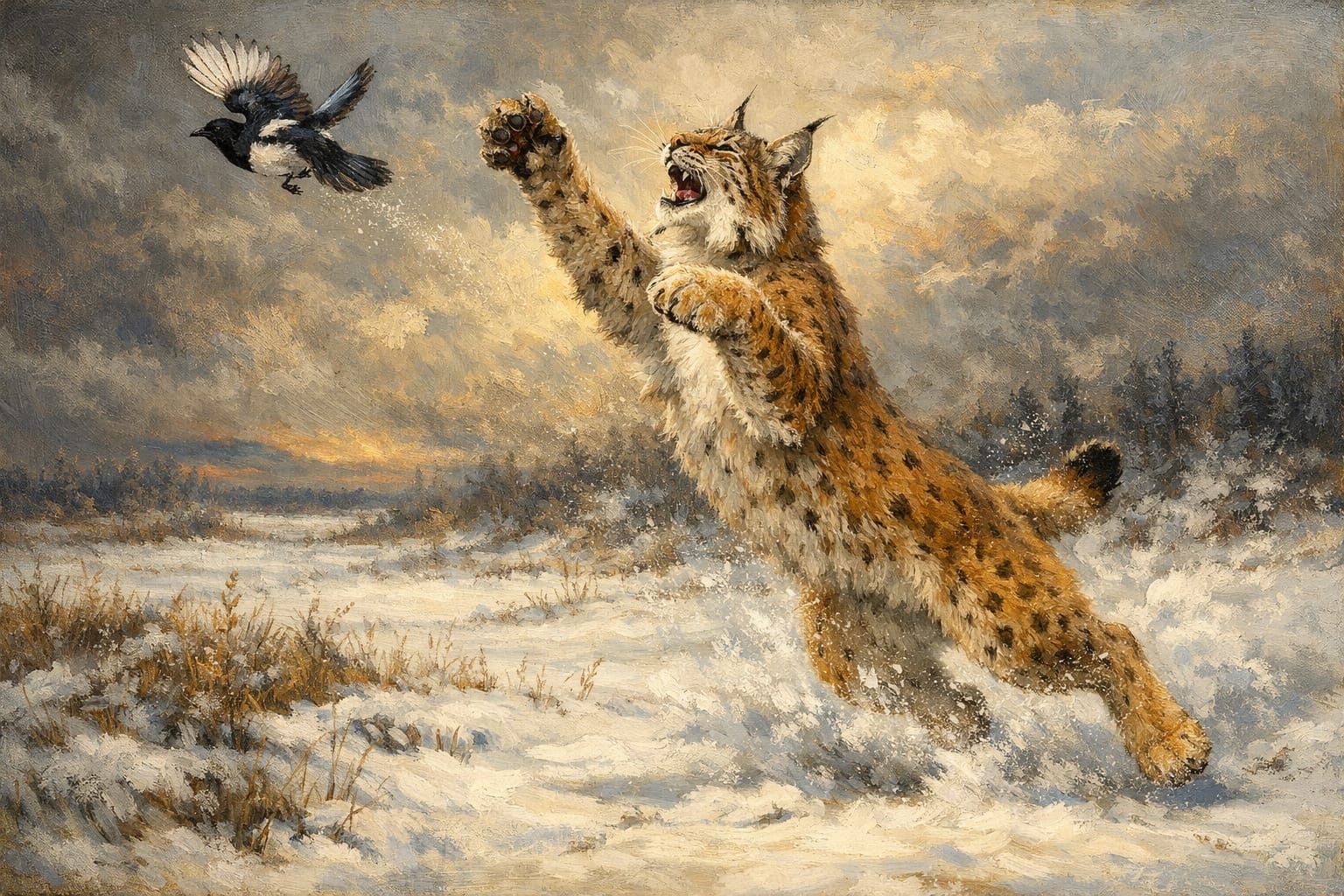 Majestic Lynx Leaping for Bird in Snowy Field Oil Painting