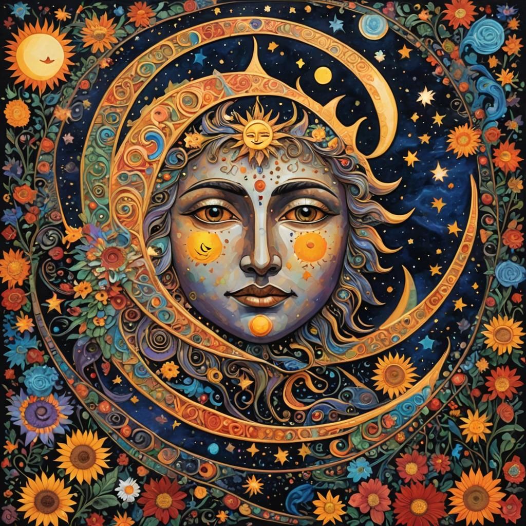 Crescent Moon with Sun and Moon Faces, Airbrush Art