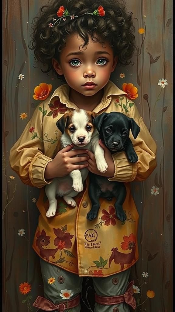 Whimsical boy with curly brown hair and bright green eyes, w...