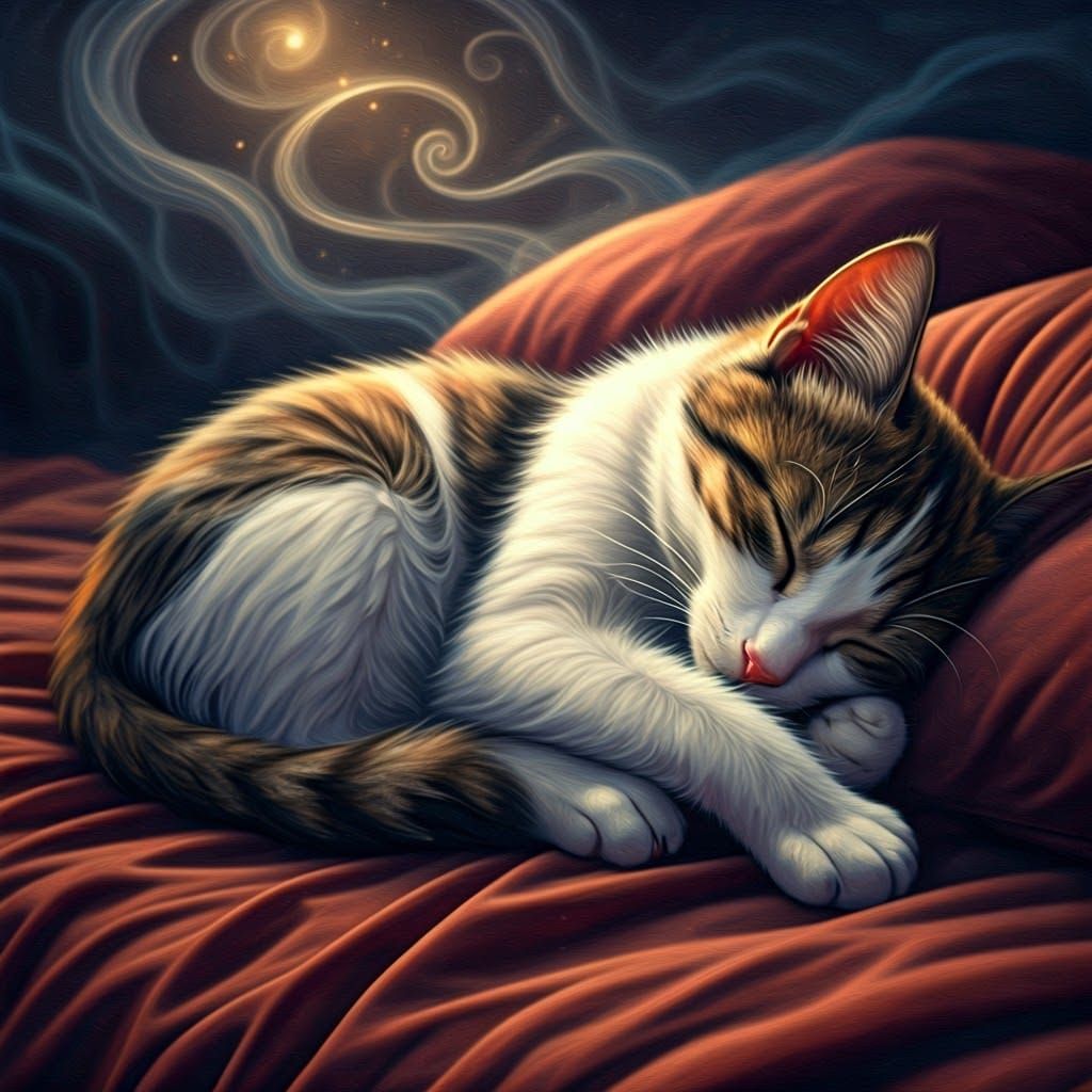 Whimsical Calico Cat Slumbers Amidst Ethereal Mist