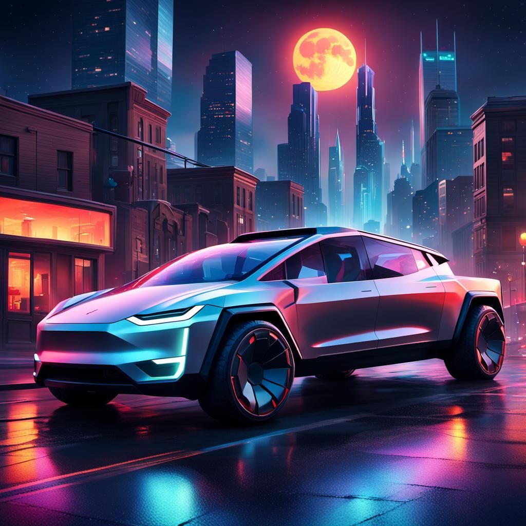 Tesla Cybertruck in City at Night: 80s Futurism