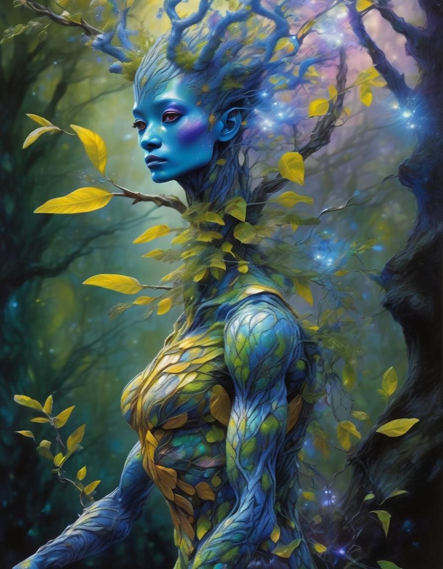 Anthropomorphic Tree Creature with Iridescent Foliage