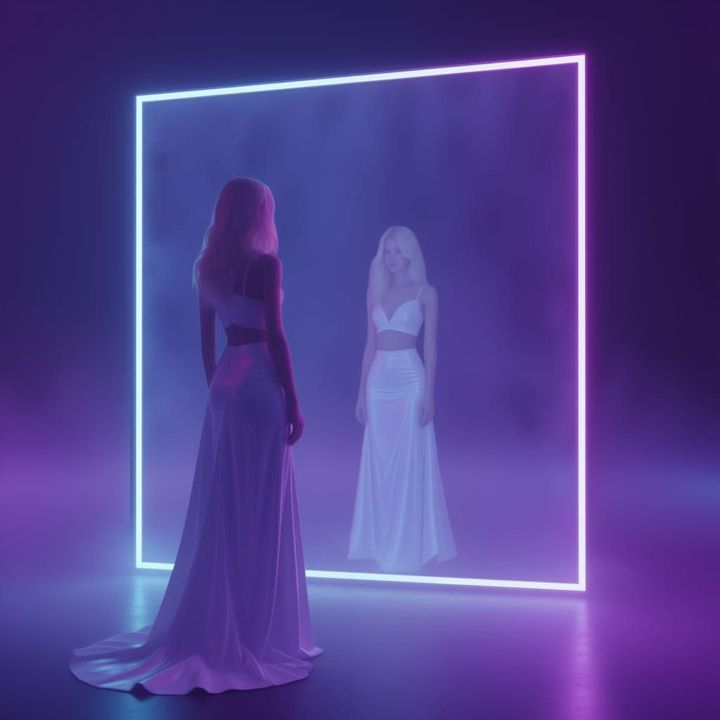 Woman in White Leather Pants Reflects in Futuristic Mirror