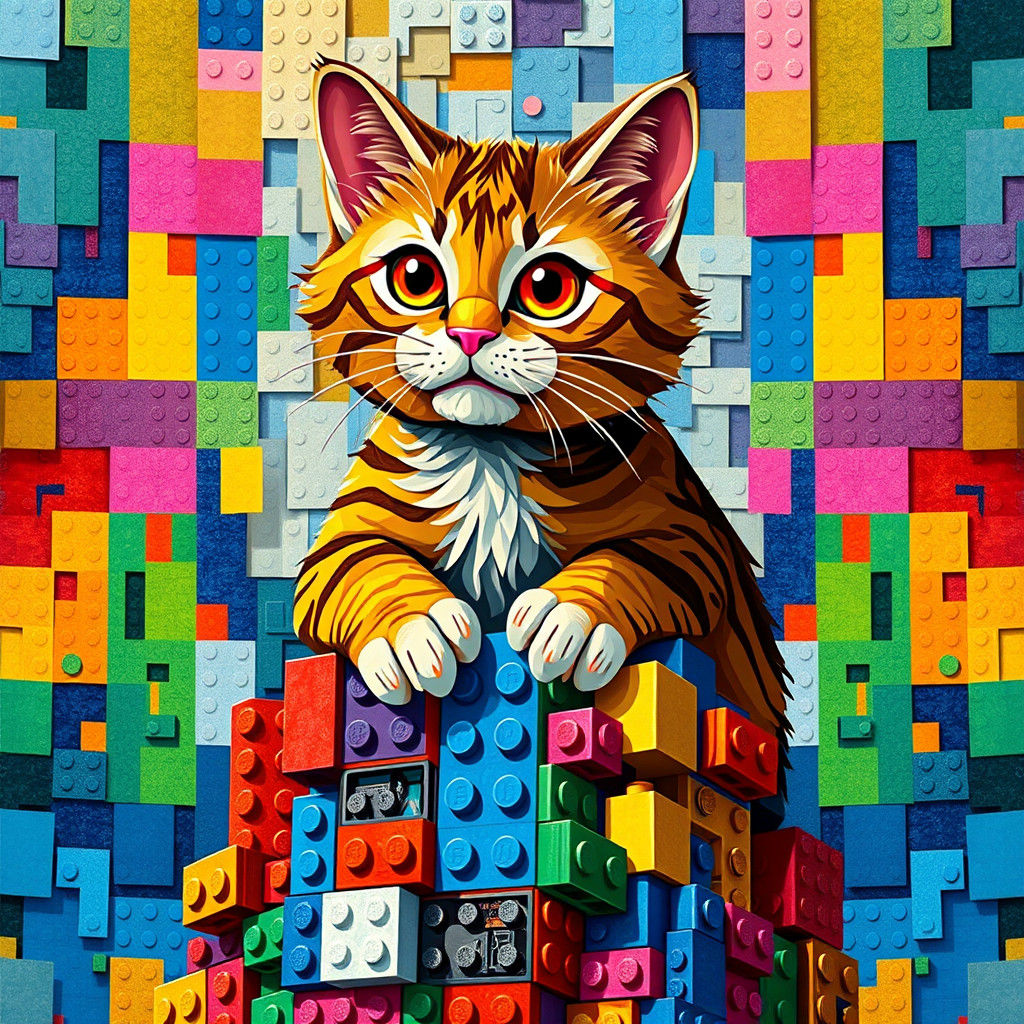 Cat on Lego Tower in Cubist Style