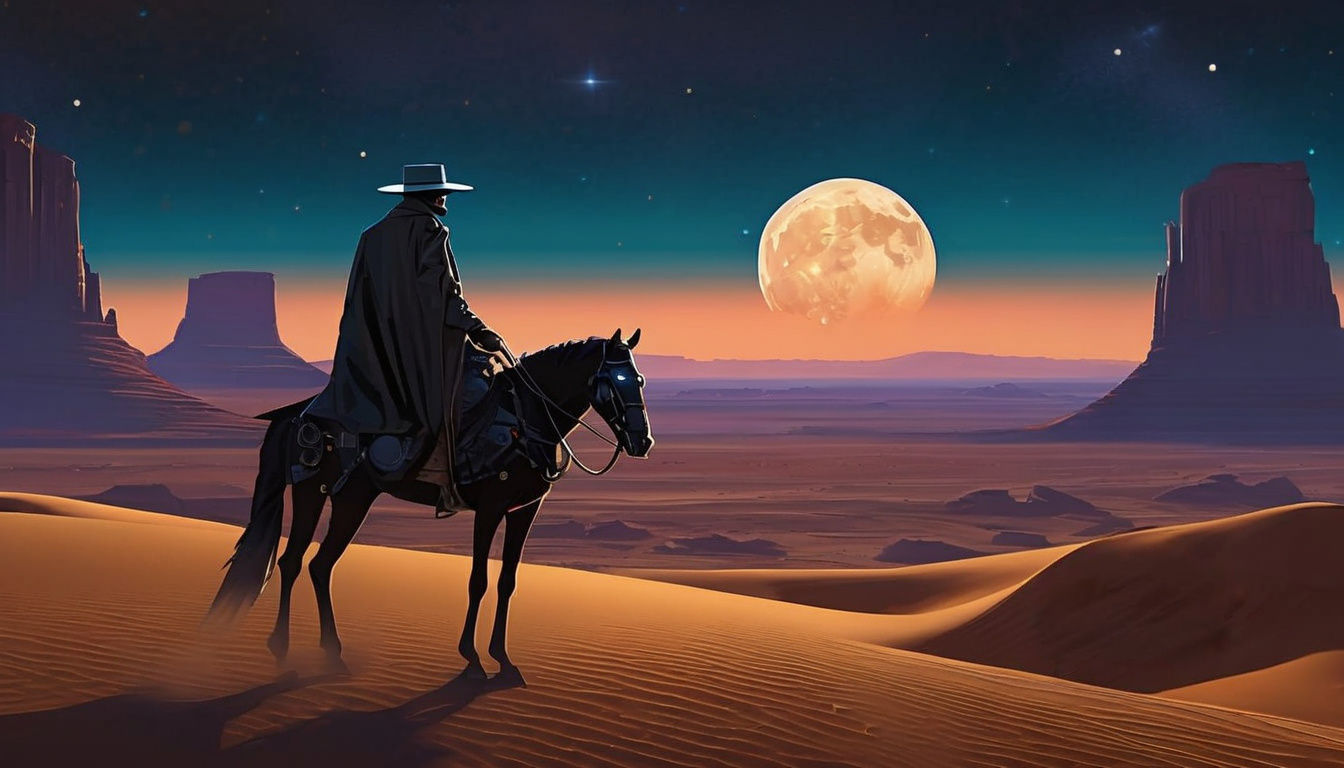 Cyberpunk Rider on Cyborg Steed in Desert